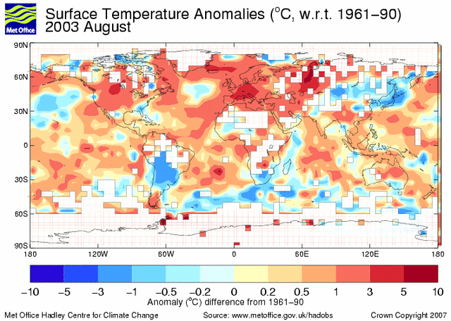 Global air temperature anomaly map for August 2003 showing hot European summer.